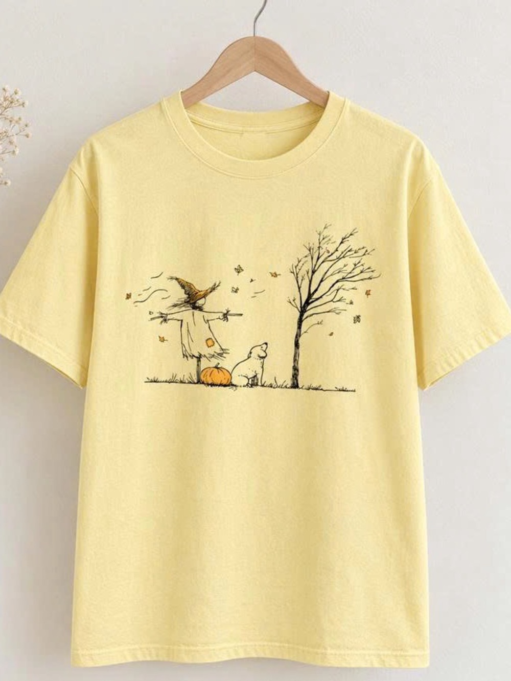 Yellow Graphic Tee with Scarecrow & pumpkin